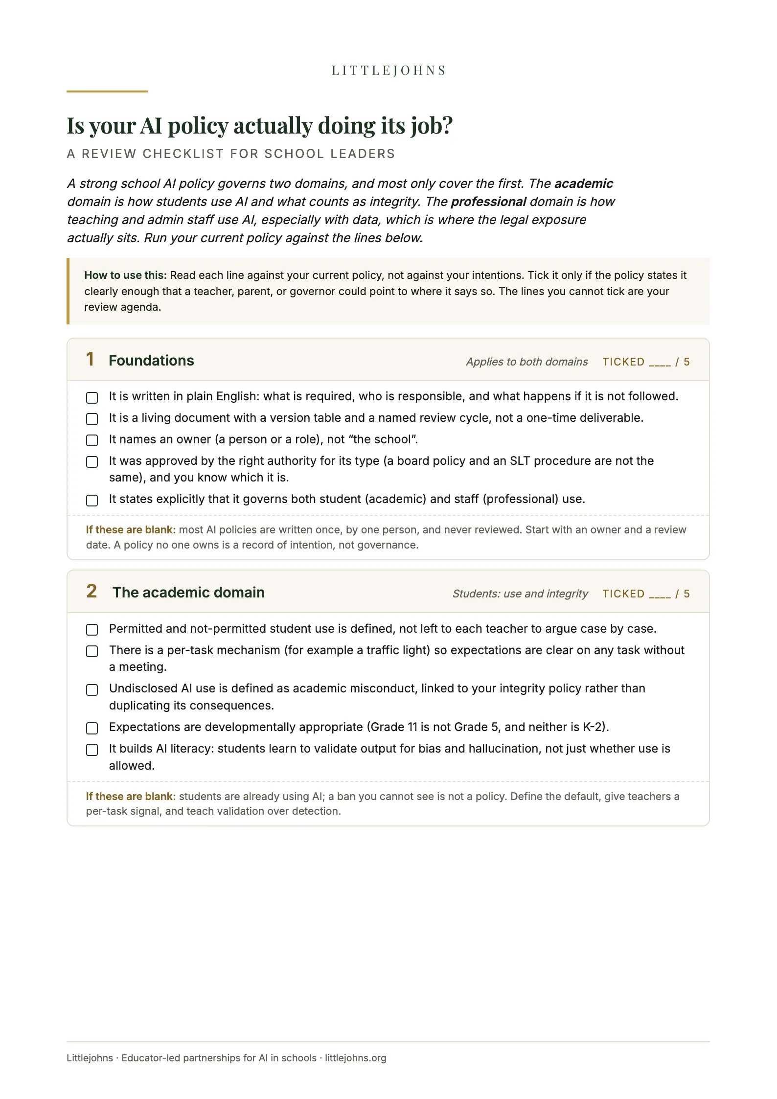 First page of The AI Policy Review Checklist