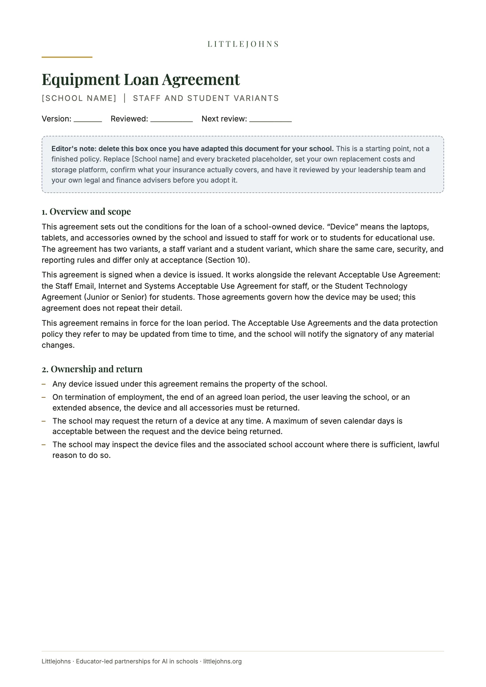 First page of The Equipment Loan Agreement