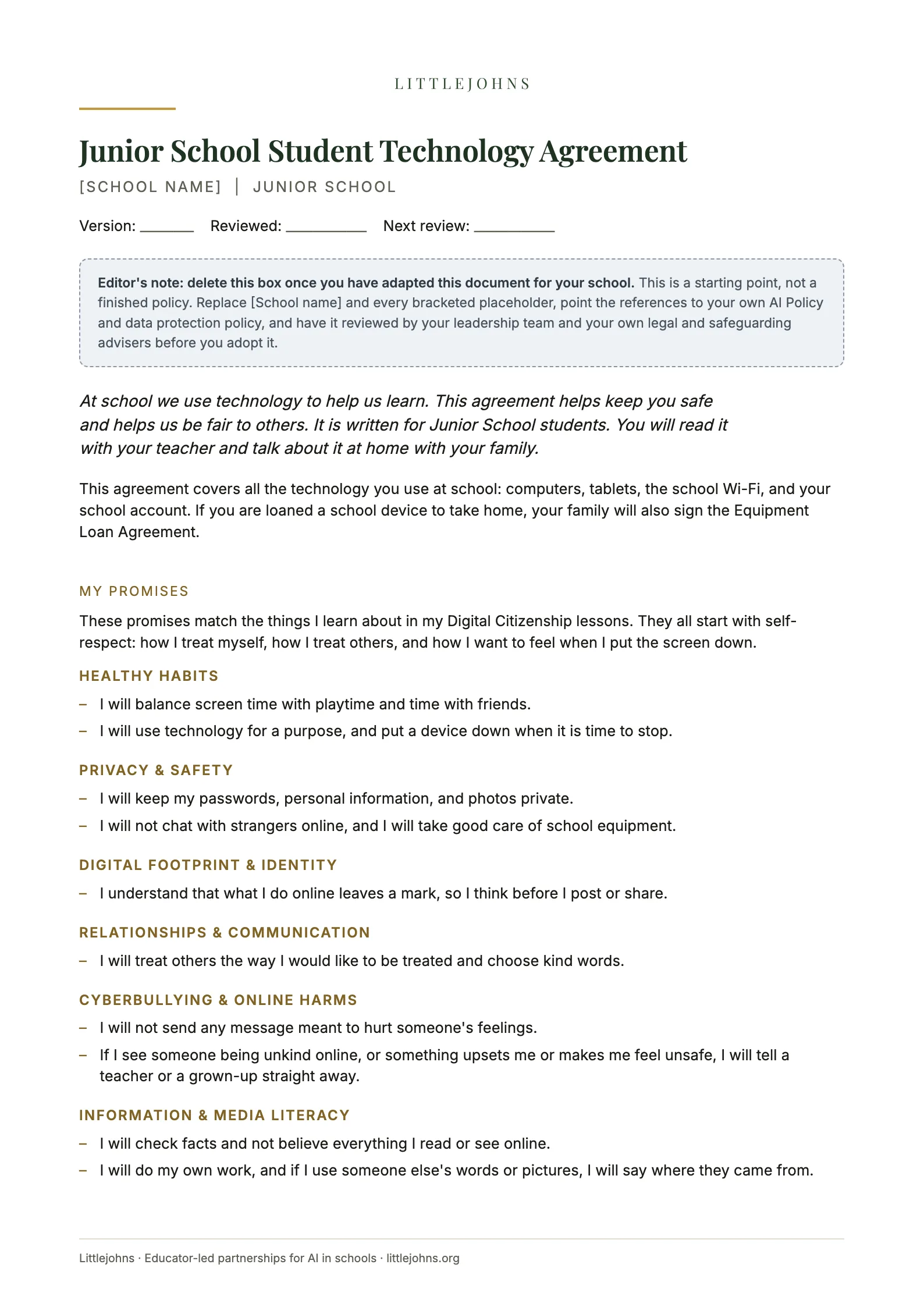 First page of The Junior School Student Technology Agreement