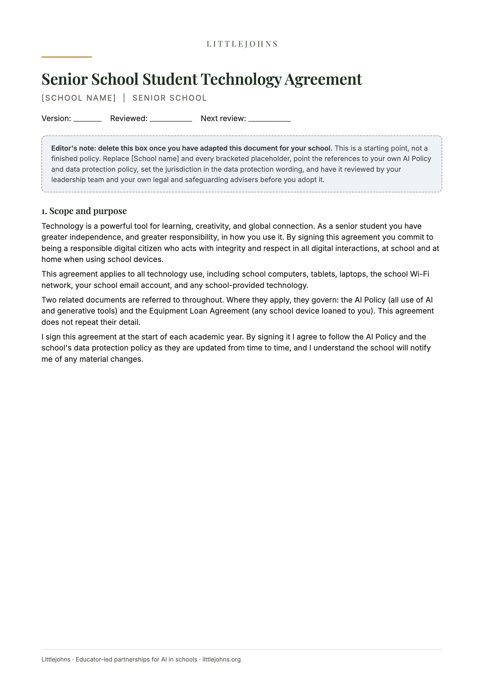 First page of The Senior School Student Technology Agreement