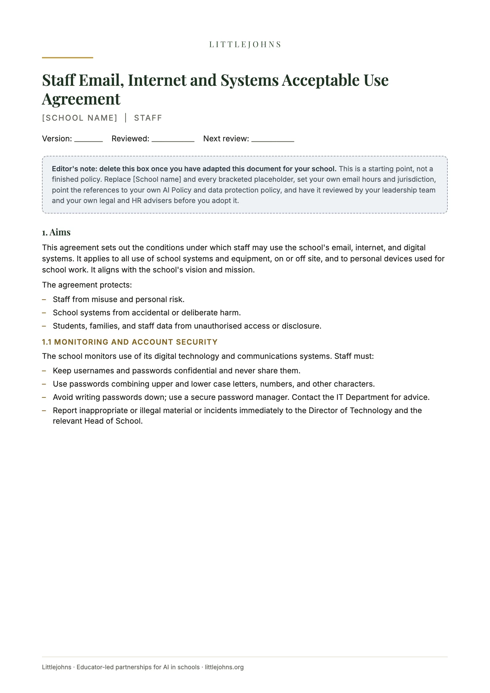First page of The Staff Acceptable Use Agreement